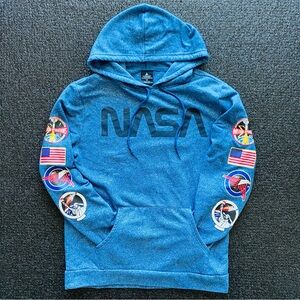 NASA Space Patches Aldrin Family Foundation Hoodie Size M Blue Fleece Pullover